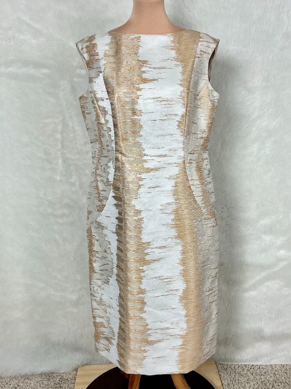 Lafayette 148 Sleeveless Beige Gold Texture Sheath Dress Candlelight Multi 14